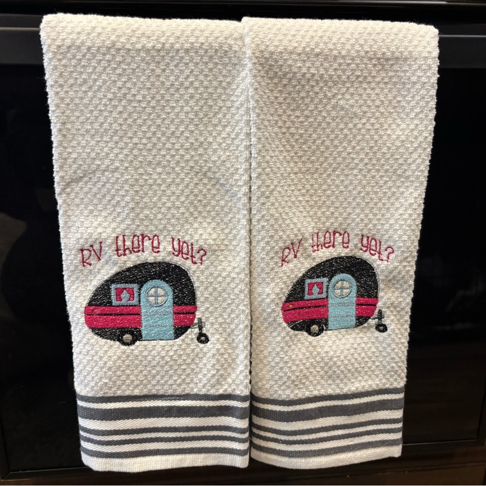 Embroidered RV Hand Towels - Gray and Hot Pink set of 2